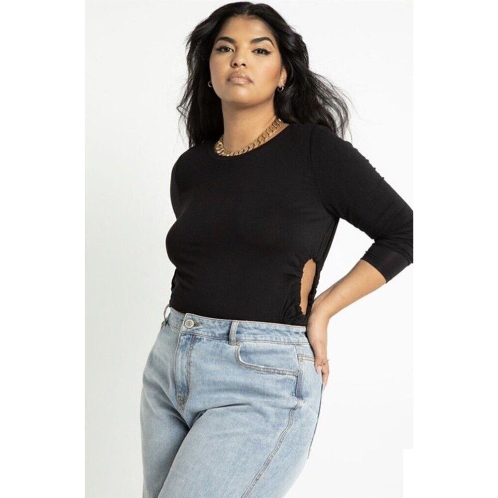 New Eloquii Womans 22/24 Blouse Long Sleeve Top Ruched Cutouts Black Stretch NWT